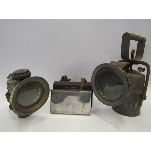 1257 - Bygone carbide lamps and cased sandwich box stamped Army Navy, London