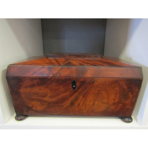 1266 - A Victorian flame mahogany sarcophagus tea caddy with brass handles on bun feet