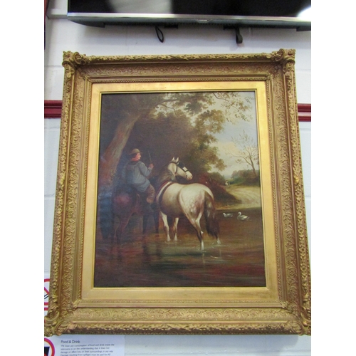 1281 - HERRING: An oil on canvas of a man on horseback guiding a horse across a ford.  Signed lower right. ... 