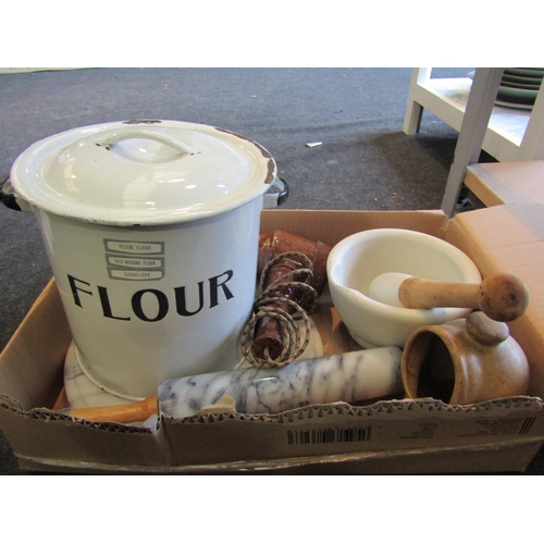 1151 - An enamel flour bin, marble pastry rolling pin and board, Maldon salt pig, large pestle and mortar a... 