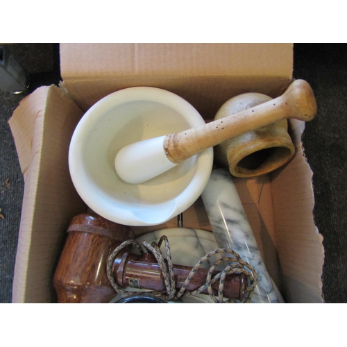 1151 - An enamel flour bin, marble pastry rolling pin and board, Maldon salt pig, large pestle and mortar a... 