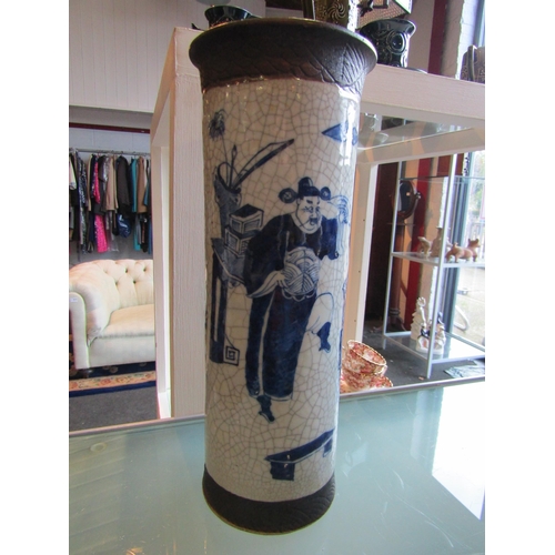 1183 - A Chinese 20th Century blue and white cylindrical vase with figural design, A/F - hairline cracks, b... 