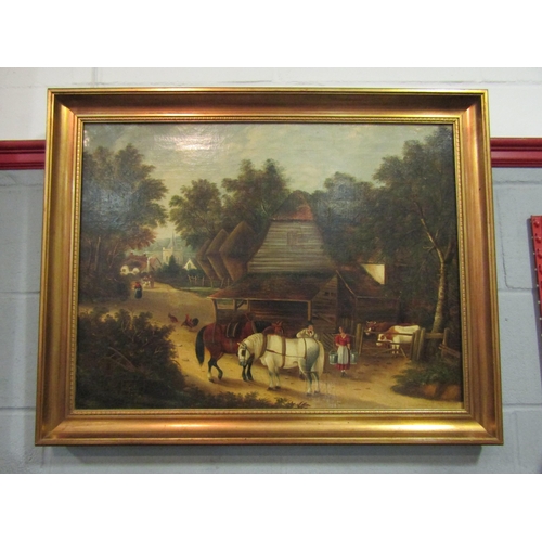 1224 - A naïve oil on canvas of barn scene, horses and figures with church and cottages in background.  Fra... 