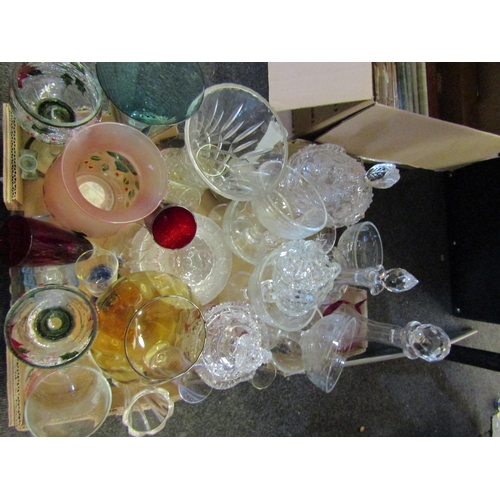 1235 - A box of glassware including carafes, vases, fruit dishes, etc.