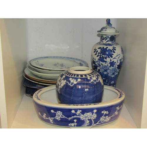 1400 - A collection of blue and white ceramics including bonsai planter, vase, ginger jar and various plate... 