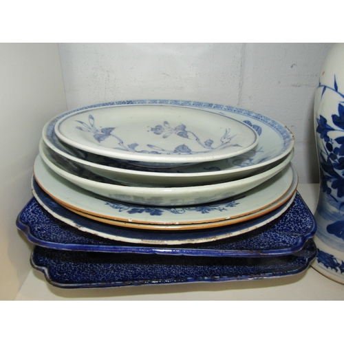 1400 - A collection of blue and white ceramics including bonsai planter, vase, ginger jar and various plate... 