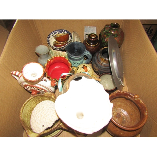 1459 - A box of mostly ceramics including honeypot, pot pourri, candle holders, Doulton lamp base, etc.