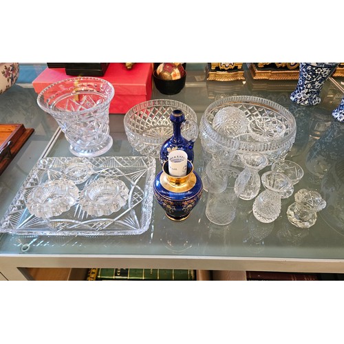 1143 - A selection of cut glass including Waterford. Also a Ferro & Lazzarini Murano gilt and blue glass va... 