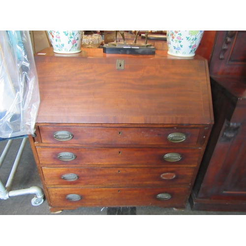 2467 - A George III mahogany bureau with inlay to the fall-front, a/f, 97cm tall x 91cm wide x 47.5cm deep