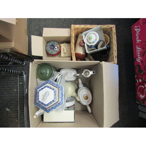 1431 - A box and basket of mainly modern ceramic kitchen wares including Denby 