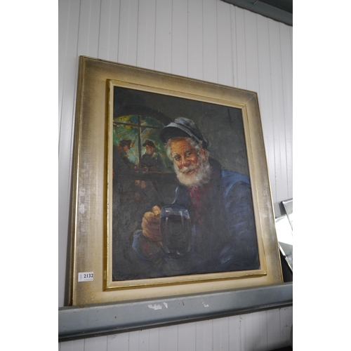 2132 - An oil painting on canvas and mounted on board of a bearded gent enjoying a pint