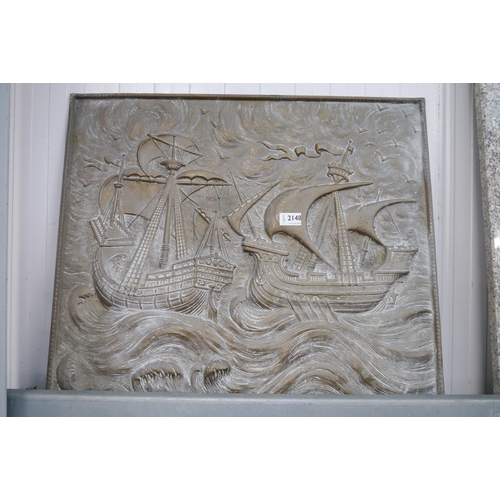 2148 - An Arts & Crafts brass panels of galleons