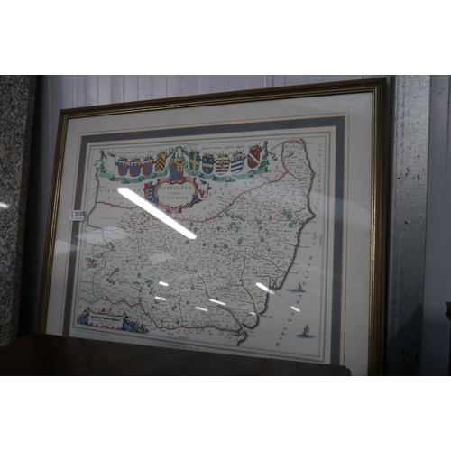 2150 - A framed and mounted reproduction map of Suffolk