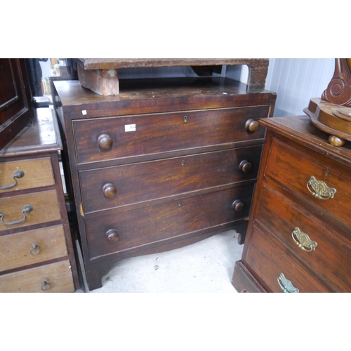 2156 - A George III mahogany straight front chest of three long graduated drawers, on bracket feet (a/f)