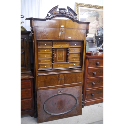 2165 - A 19th Century walnut inlaid esrcritoire, broken arch top with urn and turned finials, centre sectio... 