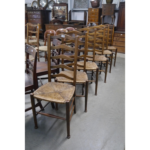 2182 - Six wavy ladder back rush seated dining chairs