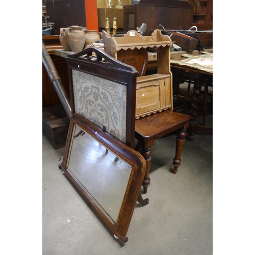 2196 - A shield back mahogany hall chair, a silk work fire screen, a small shelf with cupboard and an inlai... 