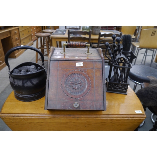 2258 - A selection of coal wares, fire companion set, coal bucket and coal box