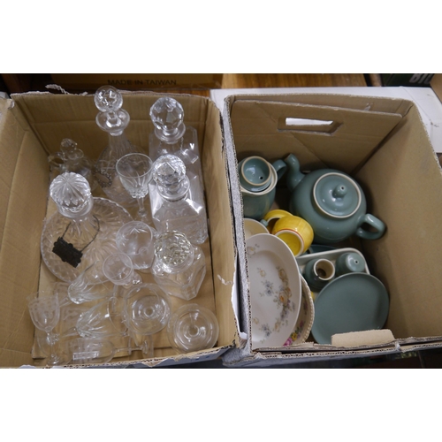 2391 - Three boxes of glassware and ceramics including decanters, Denby teapot and liqueur glasses