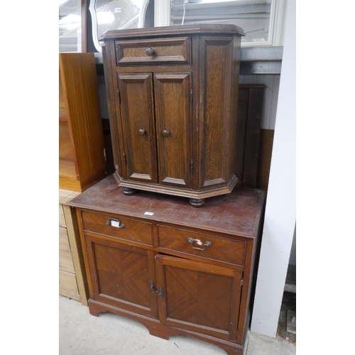 2432 - A pine four drawer chest and two oak and mahogany cabinets