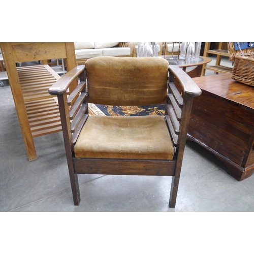 2453 - A 1940's beech open arm salon chair, re-upholstered in cord