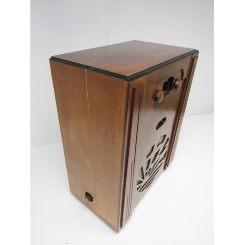 7309 - A Pye model S valve radio in Art Deco rising sun walnut case with Bakelite knobs, c.1932, 54cm tall.... 