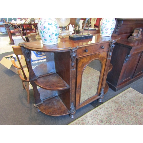 1116 - A Victorian flame walnut mirror-back credenza, twin shelved corner alcoves, loose foot, top not atta... 