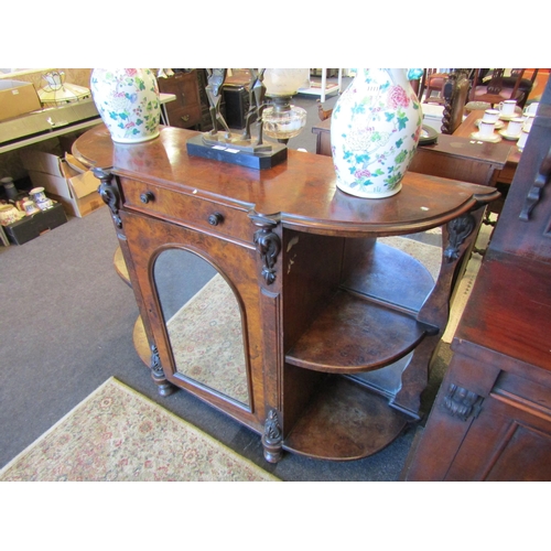 1116 - A Victorian flame walnut mirror-back credenza, twin shelved corner alcoves, loose foot, top not atta... 