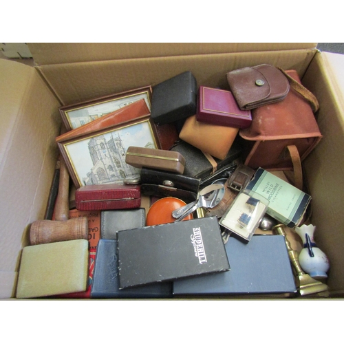 1497 - A box of miscellaneous including cufflinks, canteen of cutlery, gentleman's watches, Ronson lighters... 