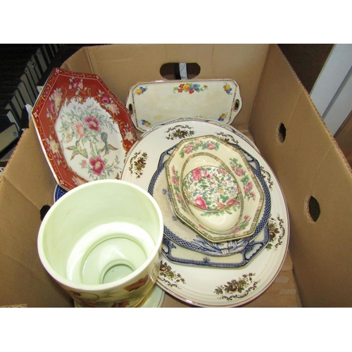 1506 - A box of ceramics including meat plates, also a painted glass vase