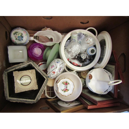 1508 - A mixed lot including candle holders, miniature vases, pictures, circular basket, glass dish, etc.