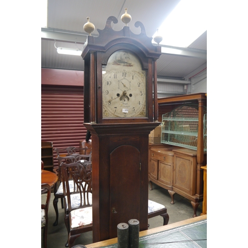 2475 - A Georgian oak cased Grandfather clock, Dawes Attleborough with weights, pendulum and key