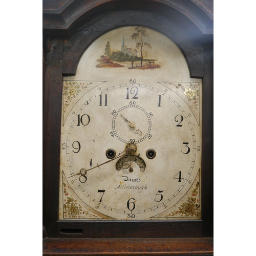 2475 - A Georgian oak cased Grandfather clock, Dawes Attleborough with weights, pendulum and key