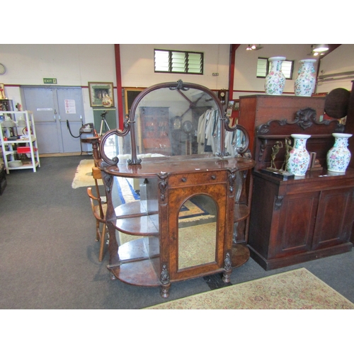 1116 - A Victorian flame walnut mirror-back credenza, twin shelved corner alcoves, loose foot, top not atta... 