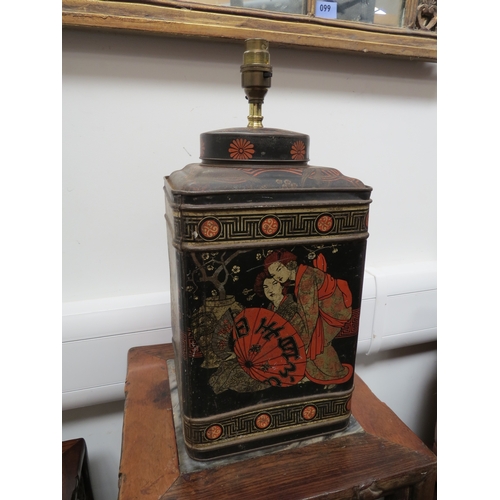 4210 - A Japanned tea canister converted to a table lamp, 41cm tall