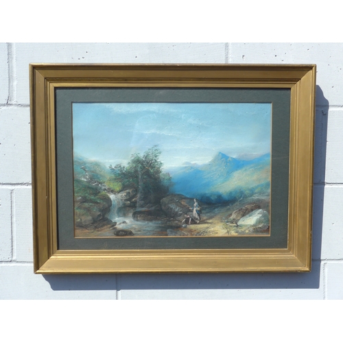 4081 - A 19th Century mixed media landscape scene with figures beside waterfall, unsigned. Framed and glaze... 