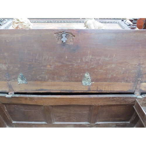 4112 - An early 18th Century oak coffer, 55cm tall x 129cm wide x 44cm deep