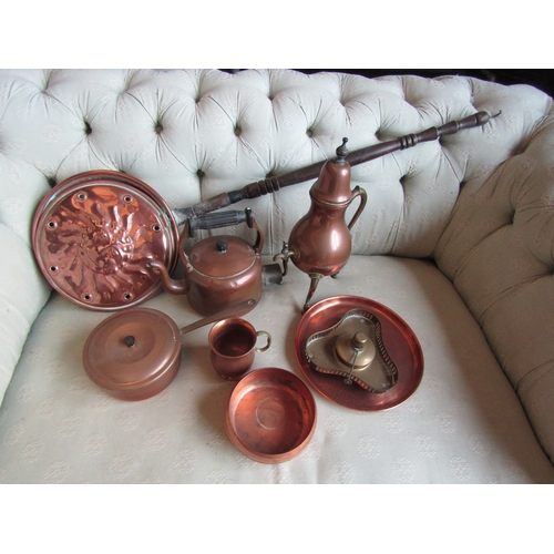 1446 - An early 19th Century warming pan. A copper pan, tray, warming jug with spigot and burner, a mug, vi... 