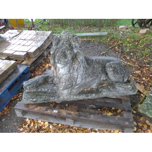 8029 - A weathered composition recumbent lion, damage to back corner, 50