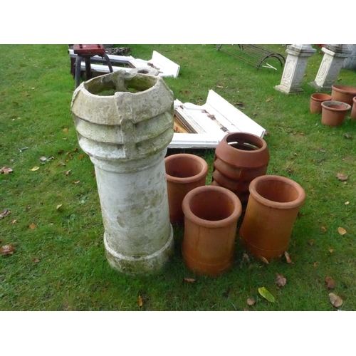 8148 - Three terracotta squat form chimney pots and a painted vented chimney pot