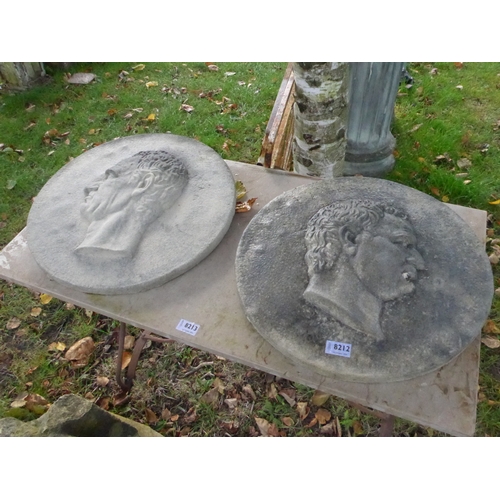 8212 - A pair of sandstone Roman bust circular wall plaques, 46cm diameter