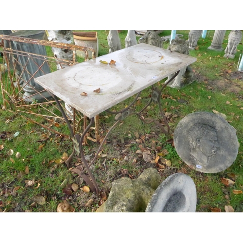 8213 - A metal Art Nouveau style garden table with marble top