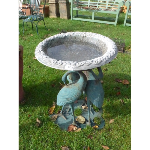 8338 - A cast iron and alloy bird bath, three bird base, 70cm tall