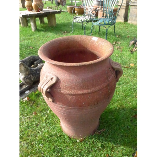 8339 - A terracotta three handle olive jar, approx 68cm tall