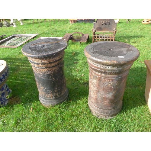 8352 - A near pair of decorative terracotta plinths, repaired, 69cm tall, 46cm diameter