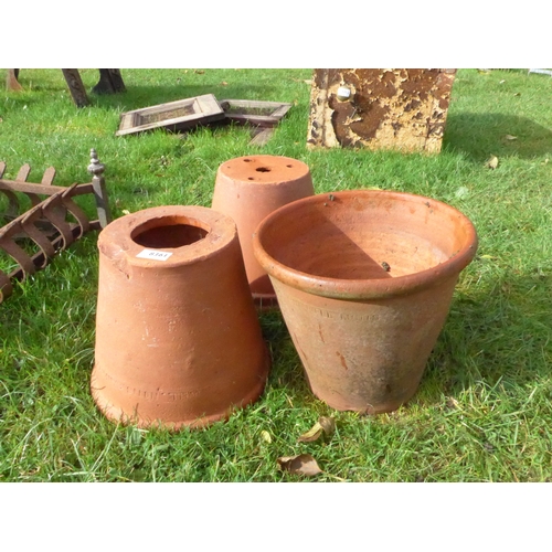 8361 - Three terracotta pots including Bulwell, 25cm tall, 28cm diameter at top