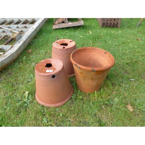 8374 - Three terracotta pots including Bulwell, approx 25cm tall, 28cm diameter