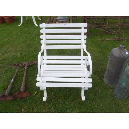 8420 - An iron ended, wooden slatted garden chair