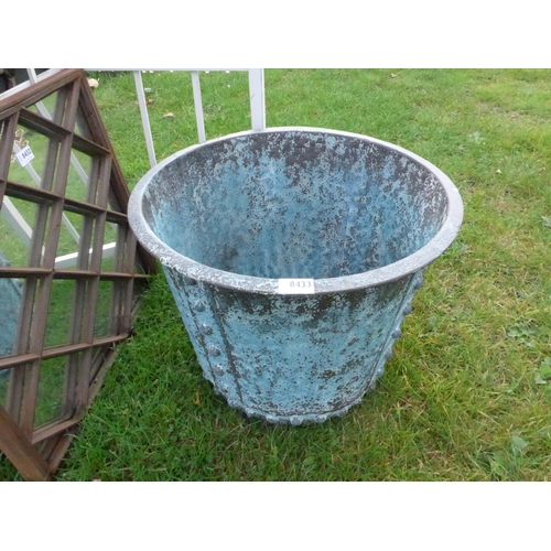 8433 - A verdegris finish metal log bin/planter, 50cm diameter