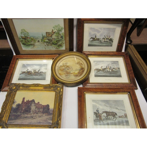 4290 - A set of four reproduction horse racing prints, a/f, a gilt framed oleograph of horses, embroidery o... 